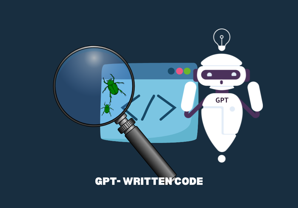 Magnifying glass showing AI-generated code with bugs to a shocked GPT robot.