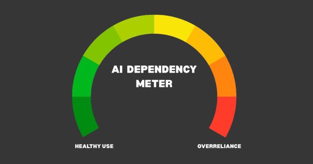 A gauge labeled "AI Dependency Meter" ranging from "Healthy Use" (green) to "Overreliance" (red).